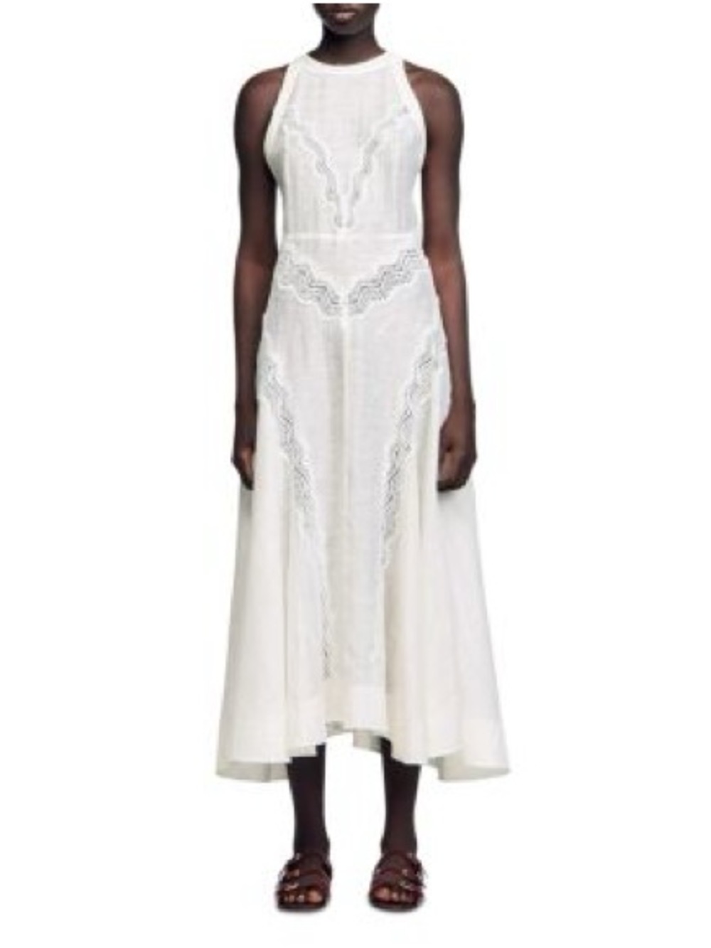 Sandro White Sleeveless Linen Dress with Lace Detail